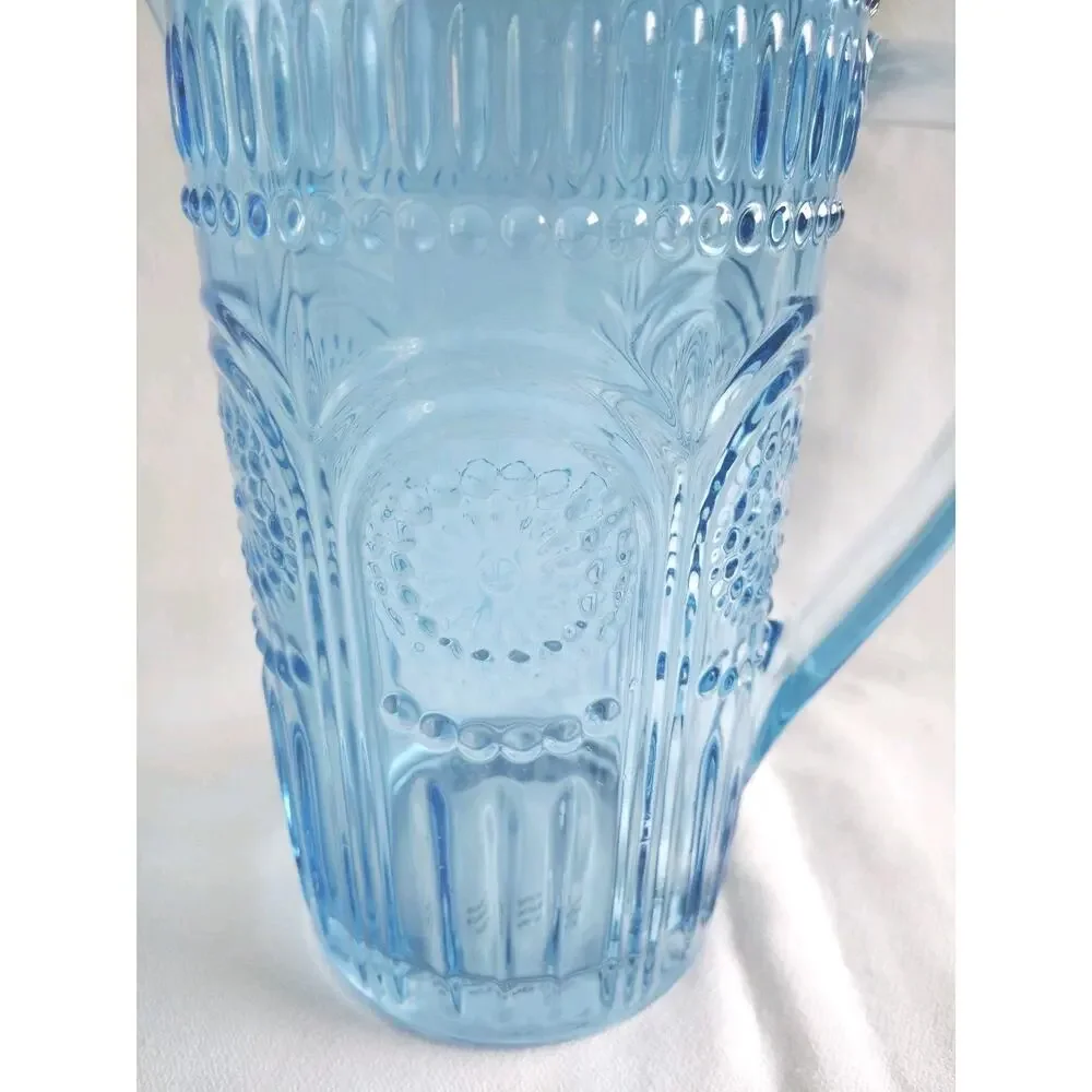 Pioneer Woman Blue w/ Textured Pattern Glass Pitcher Heavy